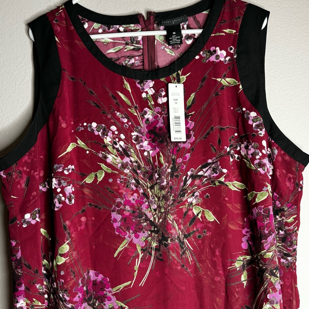 New Investments II Burgundy Maroon Multicolor Floral Sleeveless Lined Blouse 1X - Picture 7 of 9